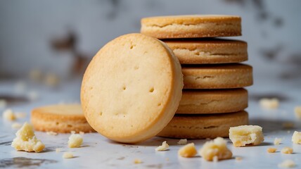 Stack of shortbread cookies with crumb details on white surface