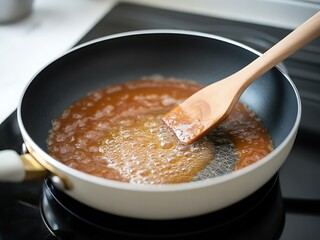 Simmering sauce in white pan on black stove with wooden spoon