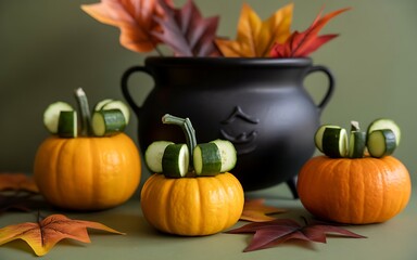 Whimsical pumpkins with cucumber eyes in autumn setting