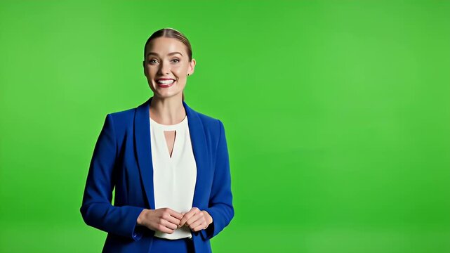 Presenter Woman Standing in Front of Green Screen - A smiling woman with her hands clasped is standing in front of a green screen. She is wearing a blue jacket and a white top.