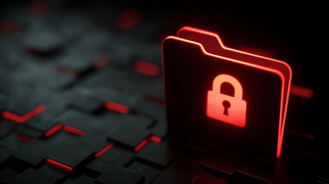 A glowing red folder icon with a padlock representing data security.