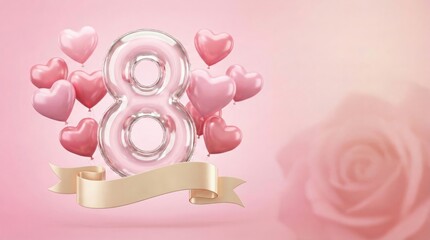 Obraz premium International Womens Day 8 March with Pink Hearts and Rose.