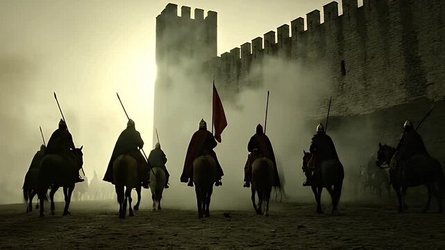 Silhouetted Horsemen with Red Flag Marching Towards Castle Siege
