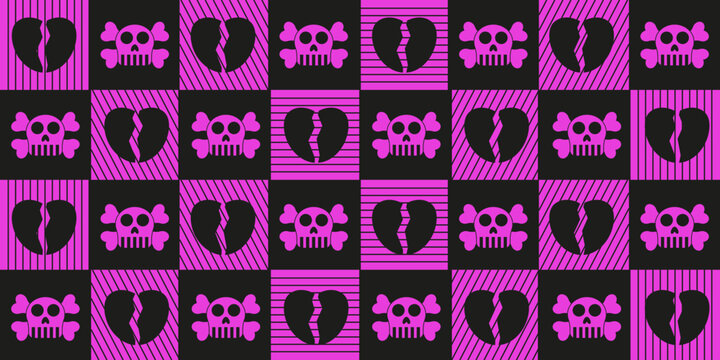 Emo checkered background. Vector illustration simple pink skull and black broken heart on chessboard background. Perfect Emo seamless pattern for wall decor wallpaper textile fabric print. EPS 10