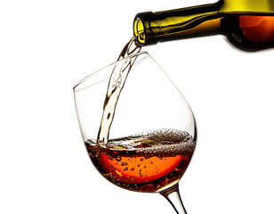 Amber liquid flows from a bottle into a crystal glass against black