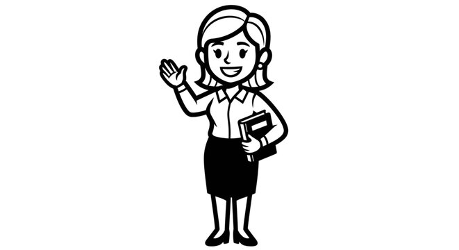 Cartoon Female Teacher Waving with Books.