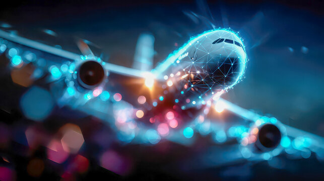 Close-up of a modern passenger jet with luminous network overlay and data points, symbolizing AI-driven connected aircraft