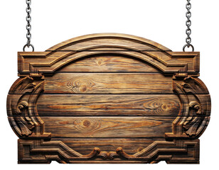 Ornate, wooden sign hanging from chains, against a dark backdrop