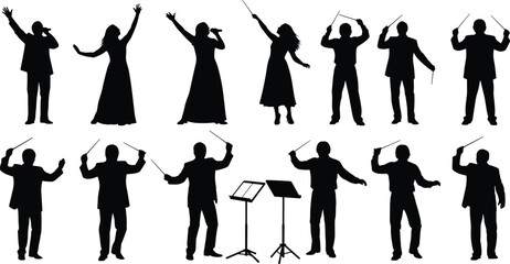Large collection of black silhouettes of music conductors and singers performing on stage in various active poses isolated on white. © Md