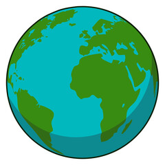 Simple vector illustration of a cartoon earth globe featuring continents and vibrant blue-green oceans, isolated