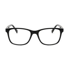 A pair of modern black-framed glasses with a sleek design and silver accents isolated on transparent background