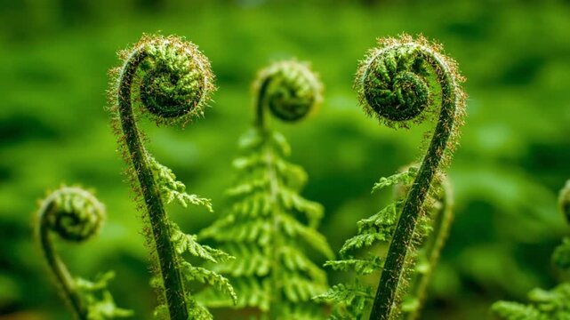 Close-up of green fern fronds with spiraled tips. The lush background features vibrant green foliage, highlighting the beauty of nature.