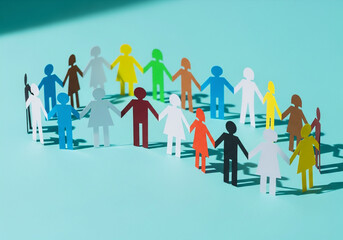 Colorful Paper Chain People Forming Circle on Blue Background Conceptual Unity
