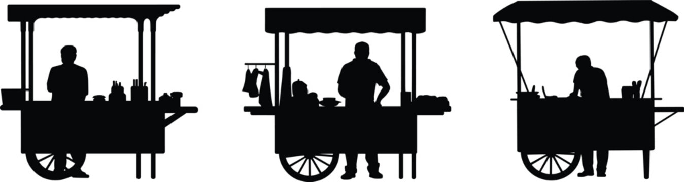 Set of black street food stall silhouettes, market vendor carts isolated on white background for design