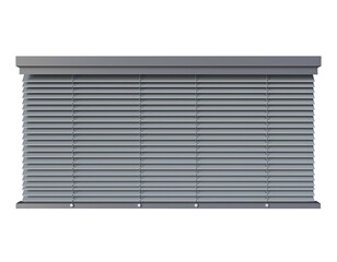 A set of closed, light grey horizontal blinds against a black backdrop