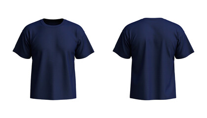 Front and back view of a navy blue, short-sleeved basic t-shirt