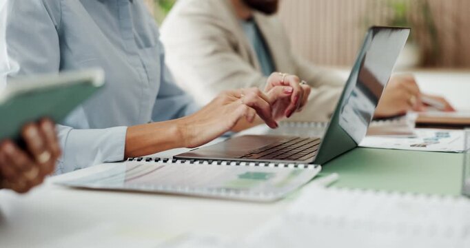 Business people, hands and typing with laptop in meeting for project tasks, agenda or reminder. Employees, colleagues or taking notes with computer for minutes, schedule plan or report in workplace