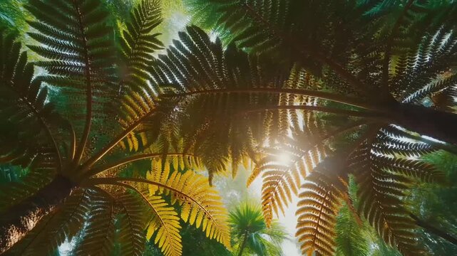 Sunlight filters through lush green fern fronds, highlighting the intricate details of the plant's structure and potential for fern spore dispersal.