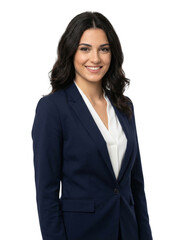 Confident young businesswoman in a navy blue suit smiling, isolated on a white background, professional portrait.