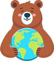 A heartwarming, digitally rendered cartoon depiction of a friendly brown bear gently embracing planet Earth, symbolizing environmental care, global unity, and conservation efforts within a b