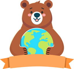 A heartwarming, vibrant cartoon depiction of a friendly brown bear gently cradling Planet Earth in its paws, conveying themes of environmental protection, conservation, and global care with 