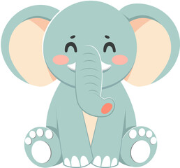 Charming cartoon elephant joyfully sitting, eyes closed in contentment, with large ears, rosy cheeks, and adorable trunk, rendered in a simplified, cheerful, and friendly graphic style suita