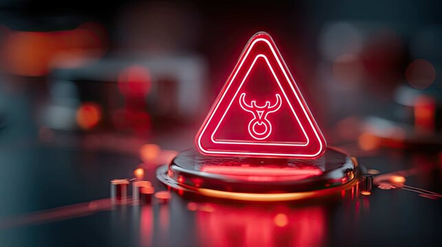 Illuminated red warning sign with a bull symbol on a futuristic tech background, conveying caution and alertness in design