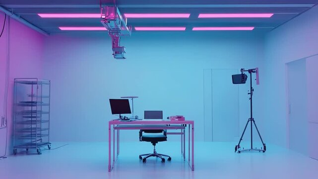 Modern clean laboratory workspace featuring advanced machinery, a minimalistic desk setup, and vibrant pink and blue neon strip lighting enhancing its contemporary style