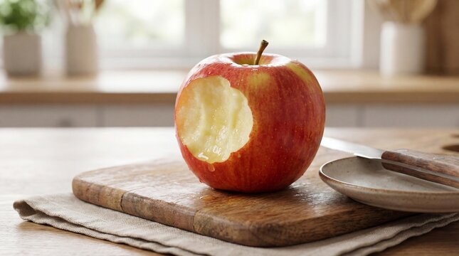 Fresh red apple with a bite taken out resting on a wooden board.