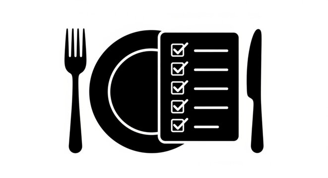 Dining setting with plate, utensils, and checklist on menu card displayed from a straightforward viewpoint