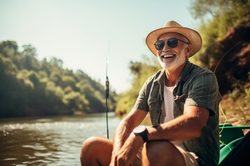 Happy senior man with hat and sunglasses sitting in a boat, fishing on a sunny day