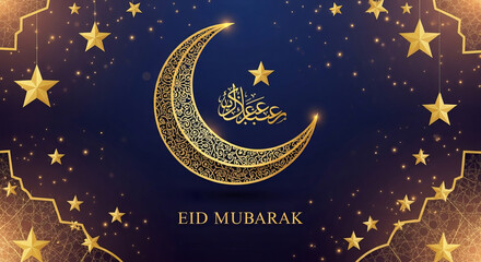 Fototapeta premium Eid mubarak greeting card with golden crescent moon and stars on dark blue background with bokeh light effects for ramadan kareem and islamic holiday celebration