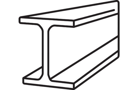 Steel beam I-profile outline icon in isometric view, bold black line drawing of structural metal girder for construction and engineering signage, isolated