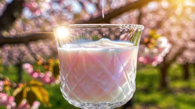 Pouring vibrant unicorn milk into a crystal glass amidst a blooming cherry blossom garden