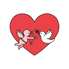 Cupid and Dove with Olive Branch on Red Heart