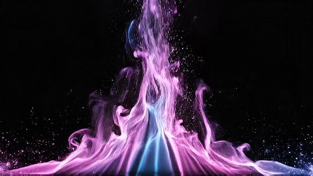 Vibrant pink and blue abstract smoke plumes dynamically rise with glowing particles against a dark studio background.