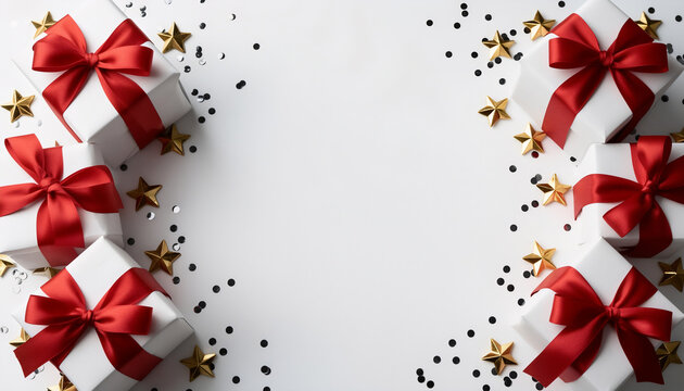 Festive White Gift Boxes with Red Ribbons and Golden Stars