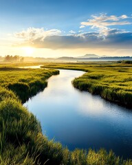 Serene river flowing through lush green fields.