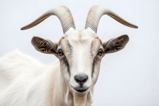 A close-up of a white goat with large horns