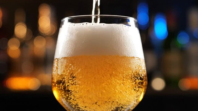 Close-up of beer being poured into a clear glass, creating a rich foamy head and bubbles, bar background