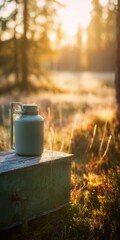 Canteen resting on wooden box in golden hour forest