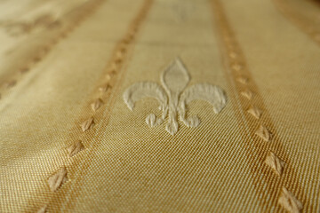 Close view of beige fabric with embroidered fleur de lis symbol © Anna