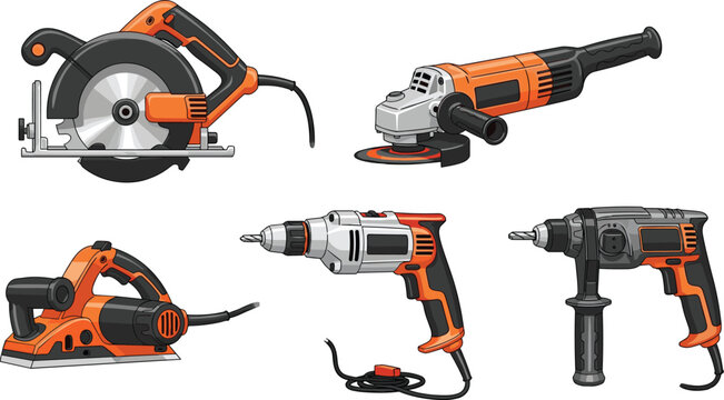 Electric power tools set with circular saw angle grinder drill and planer realistic construction equipment