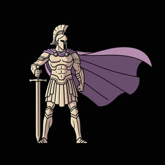 Fototapeta premium Ancient warrior with sword and purple cape, standing strong, historical illustration
