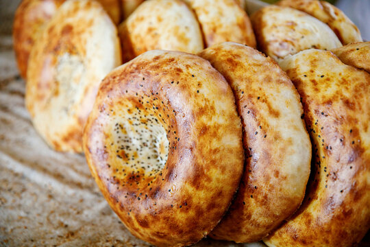 Breads for sale at the market in Tashkent, Uzbekistan, Chorsu bazaar. Traditional Uzbek food.