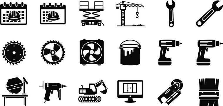 Construction and industrial equipment icon set with crane drill wrench saw paint bucket and machinery vector collection