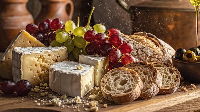 Assorted cheeses, grapes, bread on wooden board