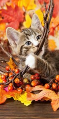 Tabby kitten playing with branches among autumn leaves