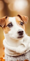 Jack russell terrier puppy wearing sweater in autumn park