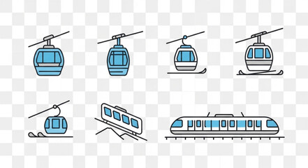 Set of cable car and train icons for transportation and travel. © Dolar